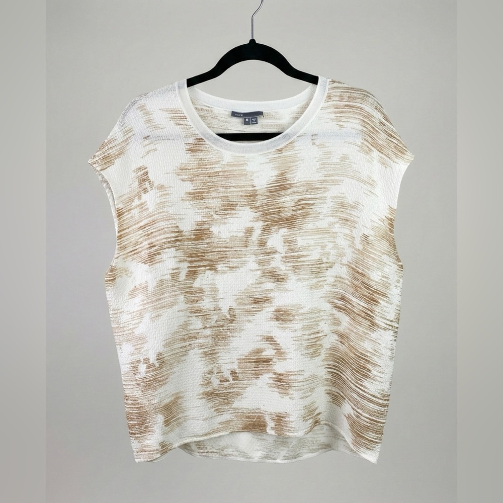 VINCE Crinkled Silk Shell Top M Cream Tan Abstract Brushstroke Quiet Luxury